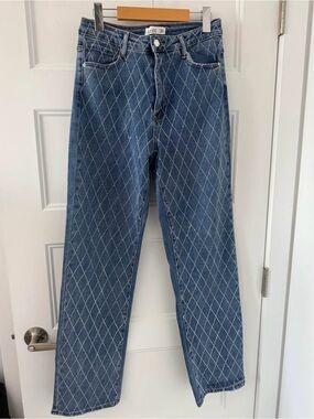 Diamond-Stitch Blue Straight-Leg Jeans